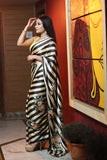 Beautiful White Black and Yellow Color Saree and Blouse with Charming Floral Design on Saree for Special Occasion
