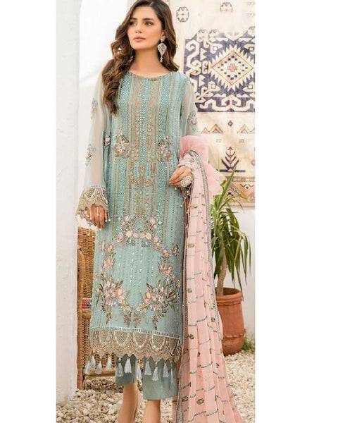 Gorgeous Light Blue Color Faux Georgette Salwar Suit and Nazmin Dupatta with Embroidery Work on both Top and Dupatta for Special Occasion