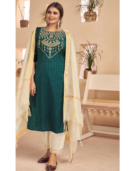 Attractive Green Color Cotton Jacquard Suit, Slub Cotton Salwar and Chanderi Viscose Dupatta with Heavy Embroidery Work for Special Occasion