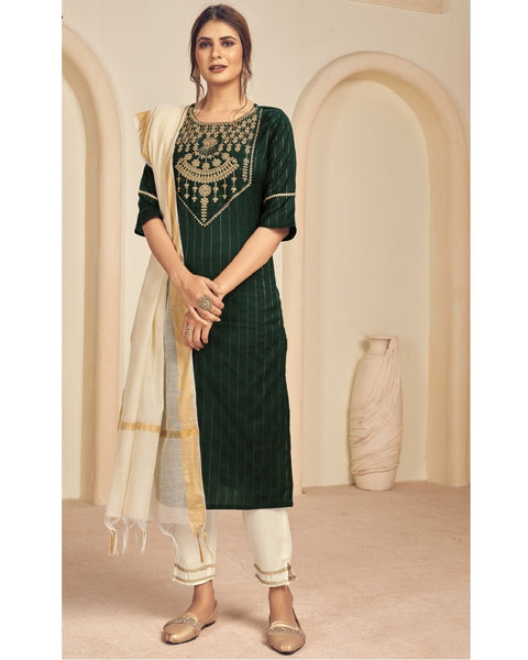 Pretty Green Color Cotton Jacquard Suit, Slub Cotton Salwar and Chanderi Viscose Dupatta with Heavy Embroidery Work for Special Occasion