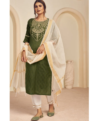 Beautiful Green Color Cotton Jacquard Suit, Slub Cotton Salwar and Chanderi Viscose Dupatta with Heavy Embroidery Work for Special Occasion