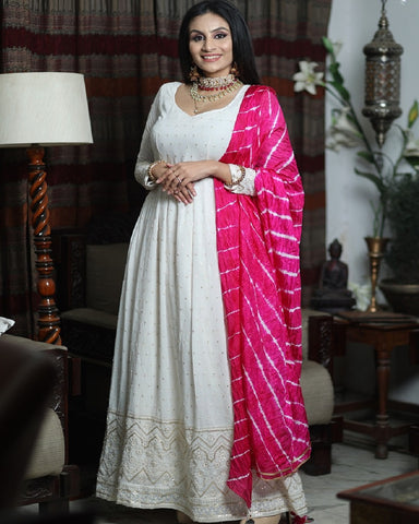 Pretty White Color Georgette Gown with Lucknowi Chikankari Work and Beautiful Silk Dupatta for Special Occasion