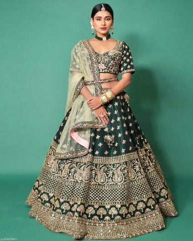 Beautiful Dark Green Color Malay Satin Silk Lehenga Choli and Heavy Butterfly Net Dupatta with Sequins Embroidery, Zari and Coding Work on Lehenga and Choli