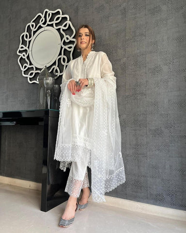 Beautiful White Color Jam Cotton Salwar Suit with Charming Embroidery Work for Special Occasion