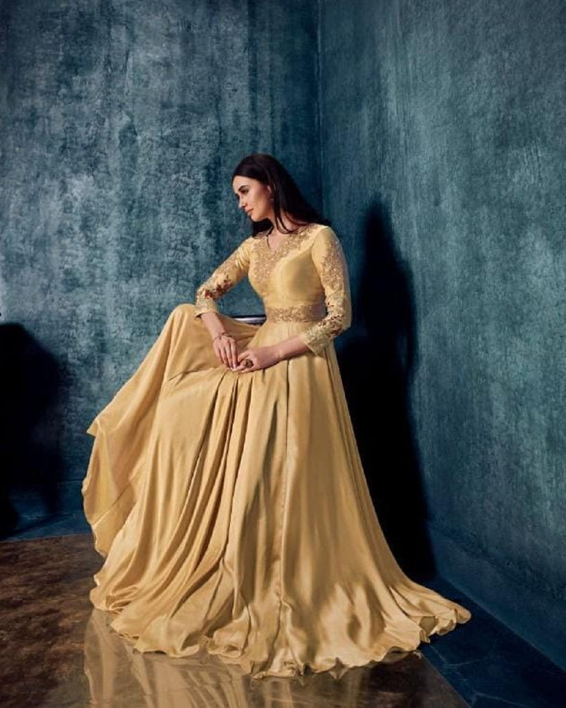 Gorgeous Champagne Color Floor Length Satin Gown with Chiffon Dupatta for Special Occasion Gorgeous Champagne Color Floor Length Satin Gown with Chiffon Dupatta for Special Occasion