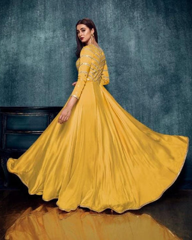 Beautiful Yellow Color Floor Length Satin Gown with Chiffon Dupatta for Special Occasion