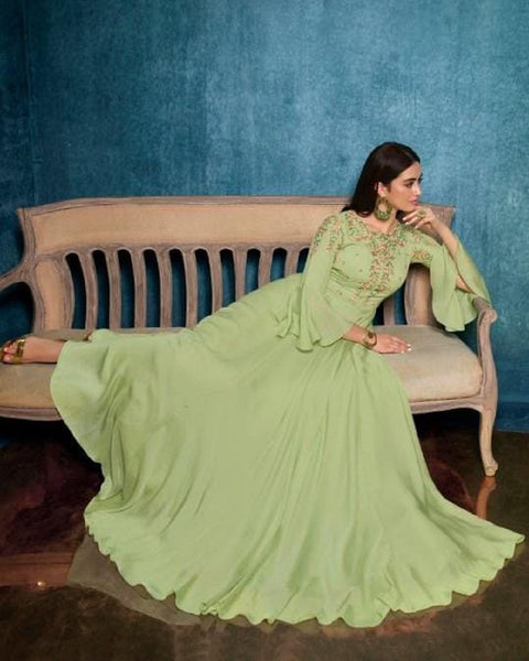 Charming Pastel Green Color Floor Length Satin Gown with Chiffon Dupatta for Special Occasion