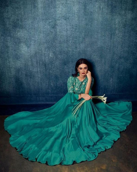 Beautiful Arctic Blue Color Floor Length Satin Gown with Chiffon Dupatta for Special Occasion