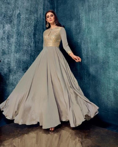 Beautiful Brownish Grey Color Floor Length Satin Gown with Chiffon Dupatta for Special Occasion