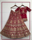 Charming Maroon Color Velvet Bridal Lehenga Choli with Dual Sandwich Sequins, Stone and Zari thread Embroidery Work Stitched With Double Layers Can-Can and With Canvas