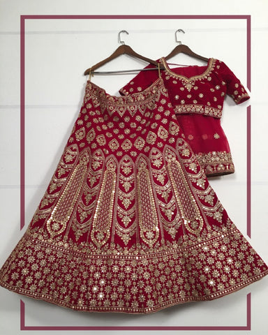 Royal Maroon Color Velvet Bridal Lehenga Choli with Dual Sandwich Sequins, Stone and Zari thread Embroidery Work Stitched With Double Layers Can-Can and With Canvas