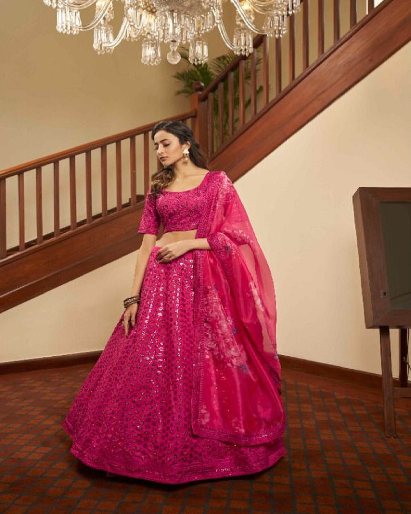 Pink & Maroon Coloured Organza with Thread Embroidery work with