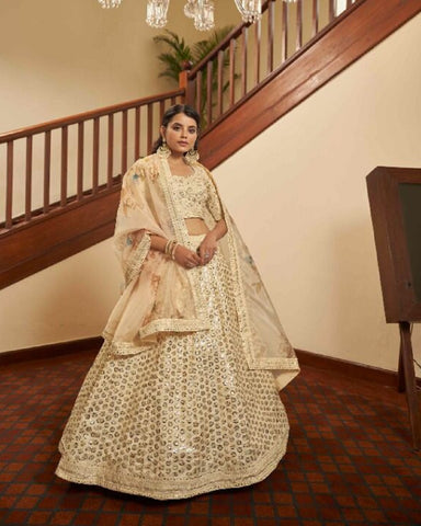 Gorgeous Beige Color Art Silk Lehenga Choli and Organza Dupatta with Thread Sequins Embroidery and Gota Patti Work