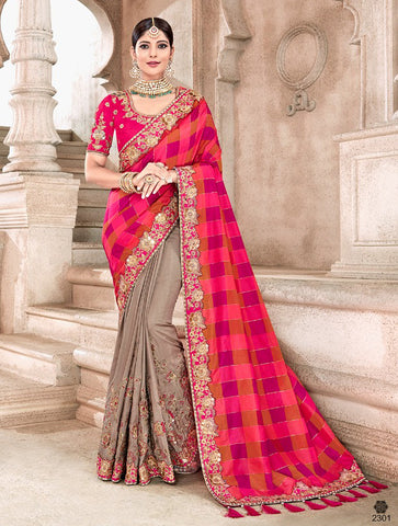Grey & Pink Color Designer Saree