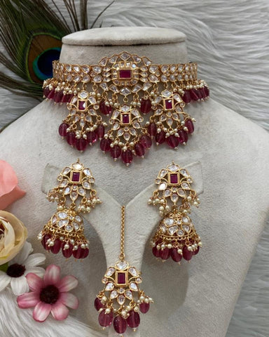 Beautiful Golden and Red Color Necklace, Earrings and Maang Tikka for Special Occasion