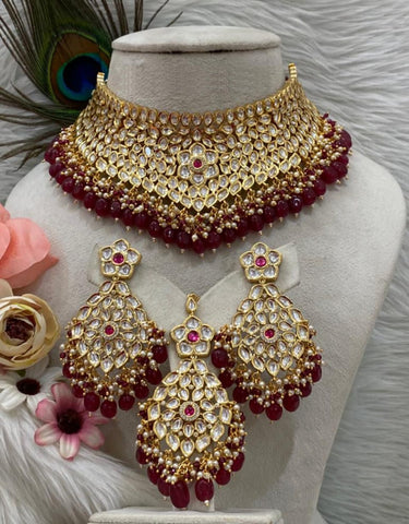 Beautiful Golden and Maroon Color Necklace, Earrings and Maang Tikka for Special Occasion