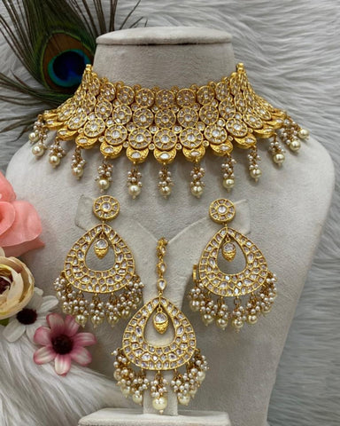 Beautiful Golden and White Color Necklace, Earrings and Maang Tikka for Special Occasion