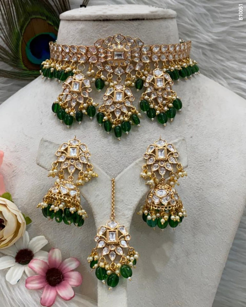 Beautiful Golden and Green Color Necklace, Earrings and Maang