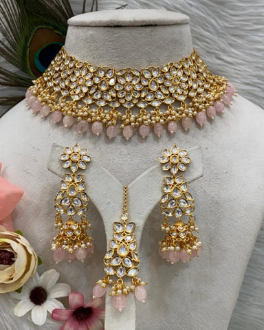 Beautiful Golden and White Color Necklace, Earrings and Maang Tikka for Special Occasion