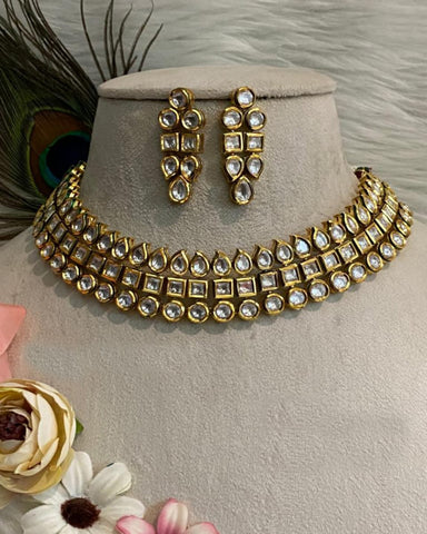 Beautiful Party Wear Golden and White Color Necklace & Earrings