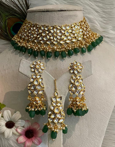 Beautiful Golden and Green Color Necklace, Earrings and Maang Tikka for Special Occasion