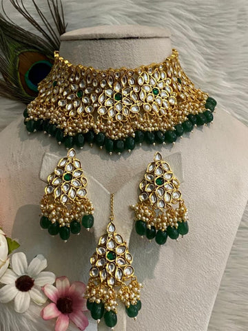Beautiful Golden and Green Color Necklace, Earrings and Maang Tikka for Special Occasion