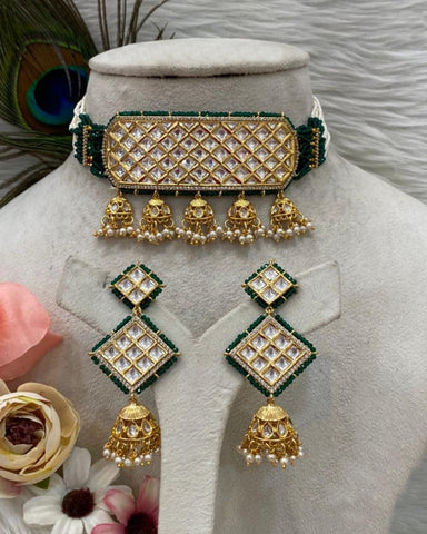 Party Wear Golden and Green Color Necklace & Earrings for Special Occasion
