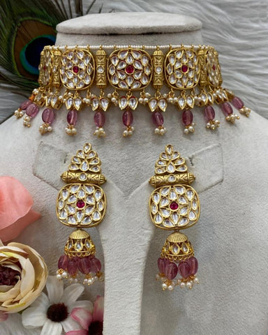 Beautiful Golden and Pink Color Necklace, Earrings for Special Occasion