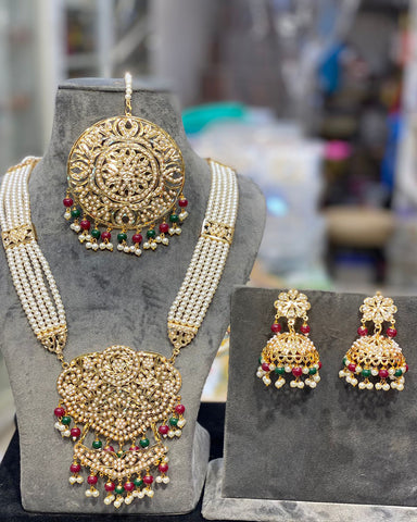 Beautiful Party Wear Golden and Green Color Necklace & Earrings