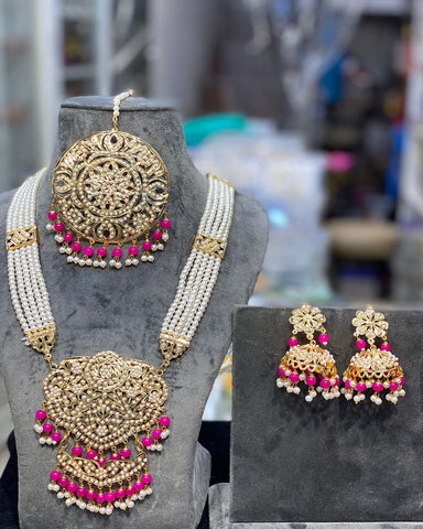 Beautiful Party Wear Golden and Pink Color Necklace & Earrings