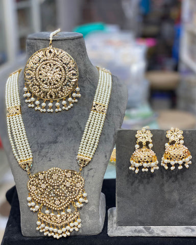 Beautiful Golden and White Color Necklace, Earrings and Maang Tikka for Special Occasion