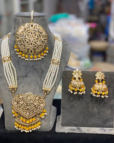 Beautiful Golden and Yellow Color Necklace, Earrings and Maang Tikka for Special Occasion
