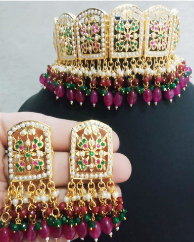 Beautiful One gram gold plated Jadau jwellery Dark Pink Color Necklace, Earrings for Special Occasion