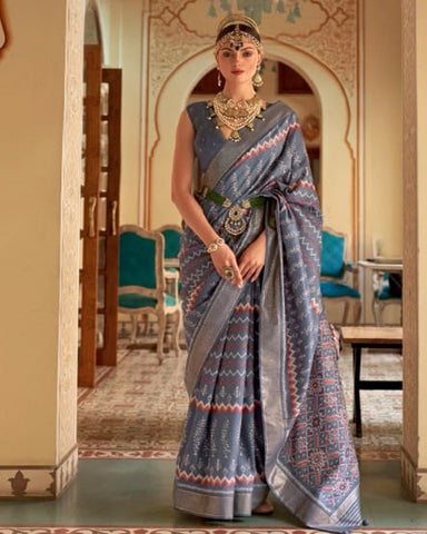 Designer Smooth Grey Patola Silk Saree