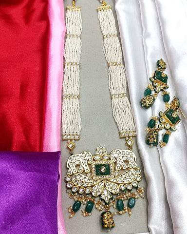 Party Wear Green Kundan White Pearl Beaded Necklace with Earrings