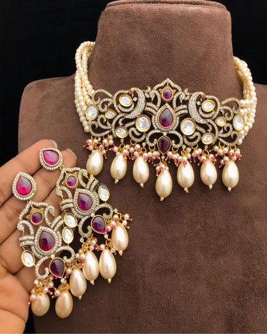 Party Wear Pink Jadau Kundan Necklace with Earrings