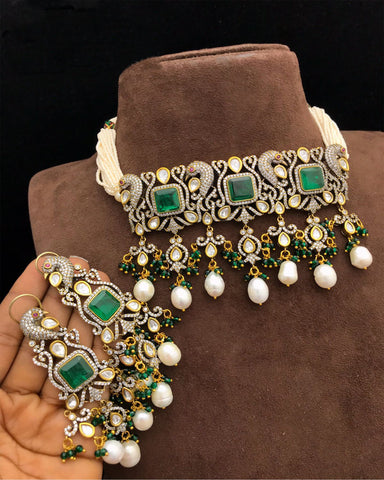 Party Wear Green Jadau Kundan Necklace with Earrings