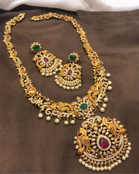 Party Wear Golden Jadau Kundan Necklace with Earrings