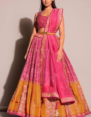 Designer Pink & Golden Color Bandhni Lehenga Choli