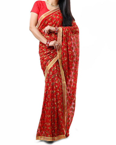 Red Multi Color Phulkari Saree