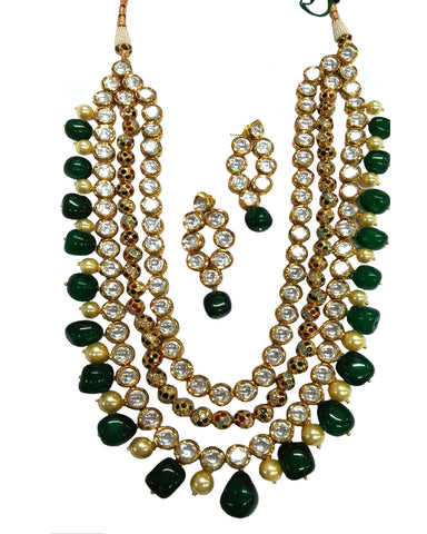 Royal Design-1 Multilayered Kundan Necklace With Green Drops