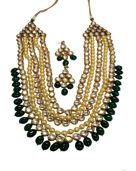 Royal Design-2 Multilayered Kundan Necklace With Green Drops