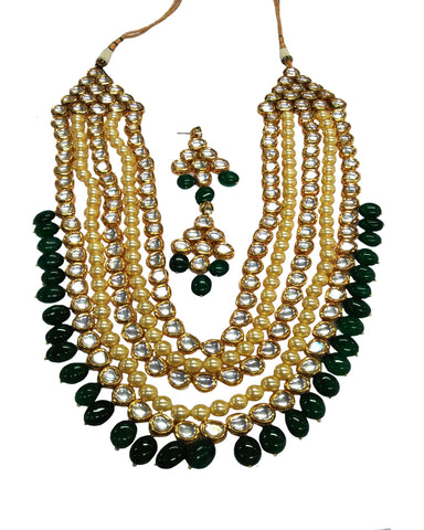 Royal Design-2 Multilayered Kundan Necklace With Green Drops
