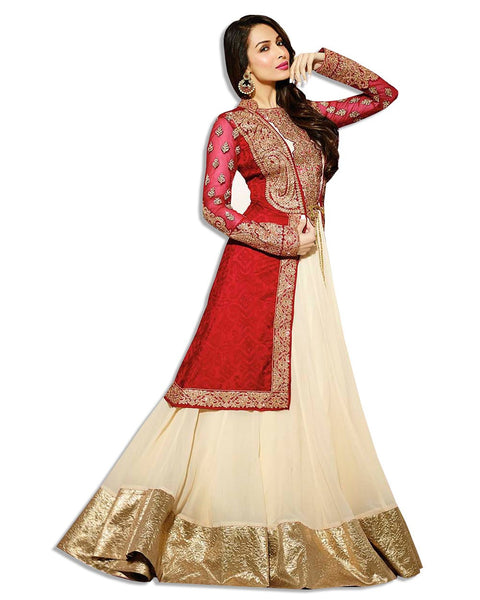 Red Beige Net Eembroidered Lahenga Suit