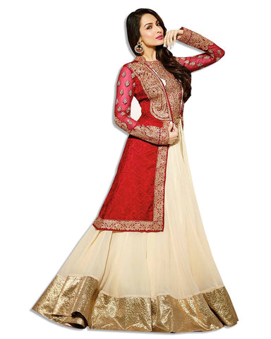 Red Beige Net Eembroidered Lahenga Suit