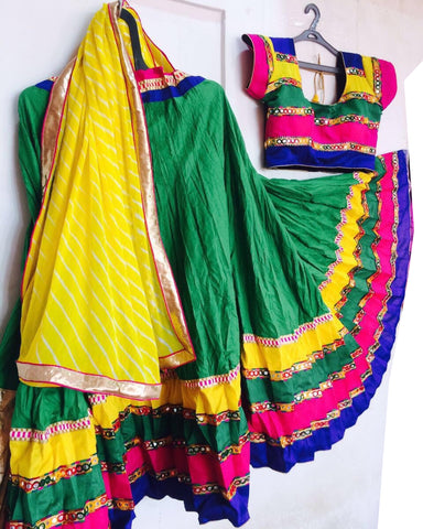 Dandiya Navratri Green & Multi Color Cotton Hand Worked Chaniya Choli