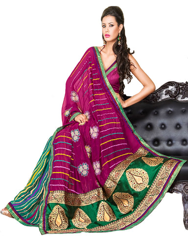 Rani Pink And Green Lehriya Print Georgette Saree