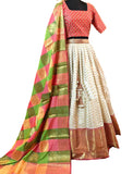 Multi And Cream Colored Festive Wear Woven Banarsi Silk Lehenga Choli