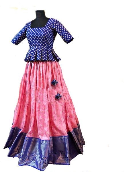 Blue And Pink Colored Festive Wear Woven Banarsi Silk Lehenga Choli