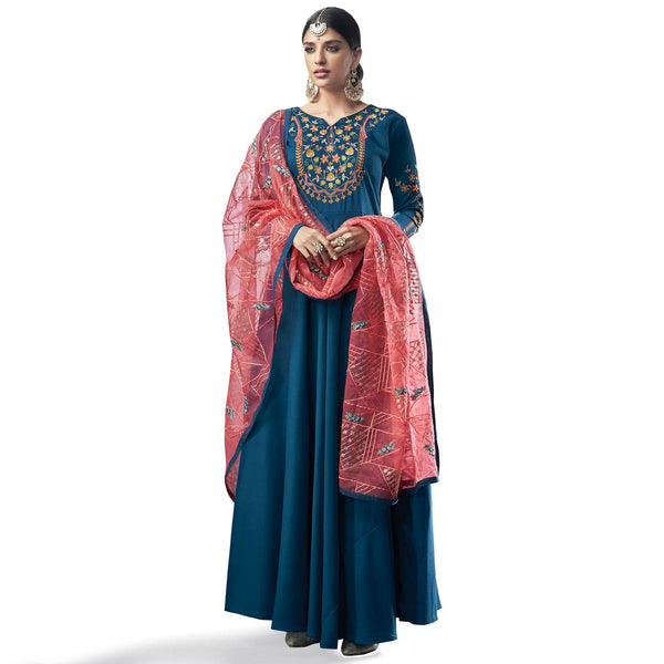 Jzzy Teal Blue Colored Party Wear Embroidered Cotton Anarkali Suit